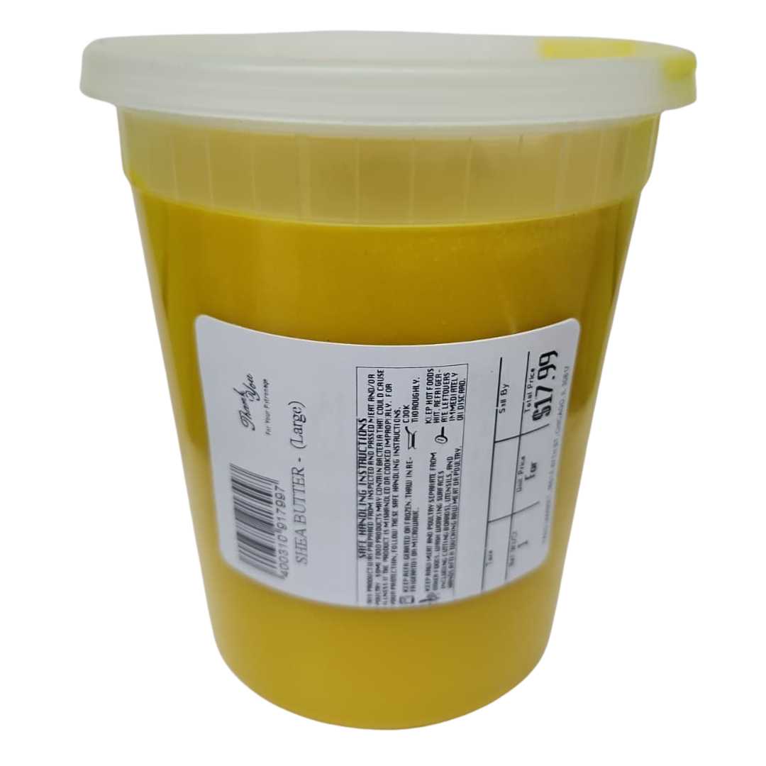 Large yellow tub of shea butter