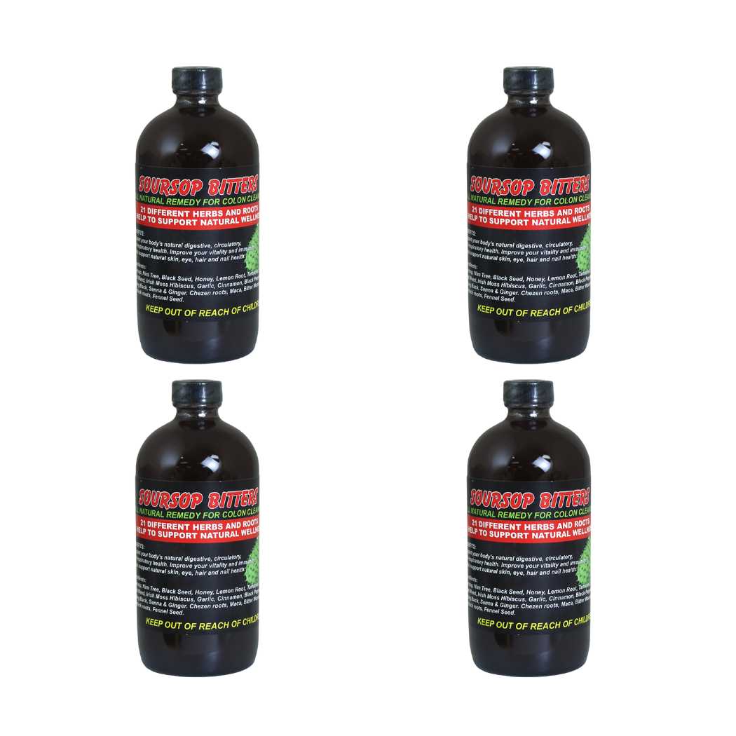 Soursop Bitters Liquid Bundle – Organic Herbal Detox with Black Seed – Supports Digestive Wellness & Immune Function – 16 fl oz - 4 Bottles